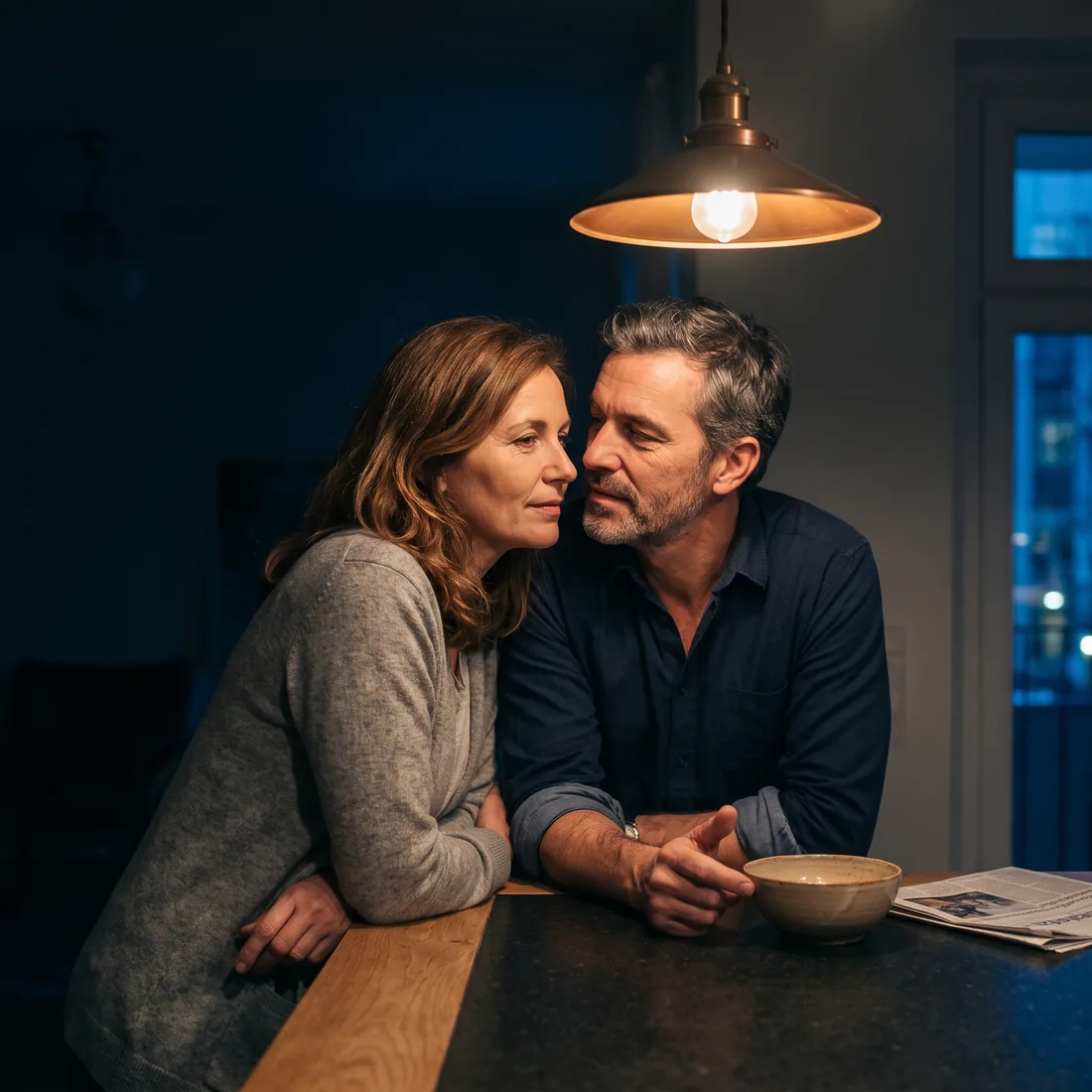 A couple standing close together at a kitchen island late at night