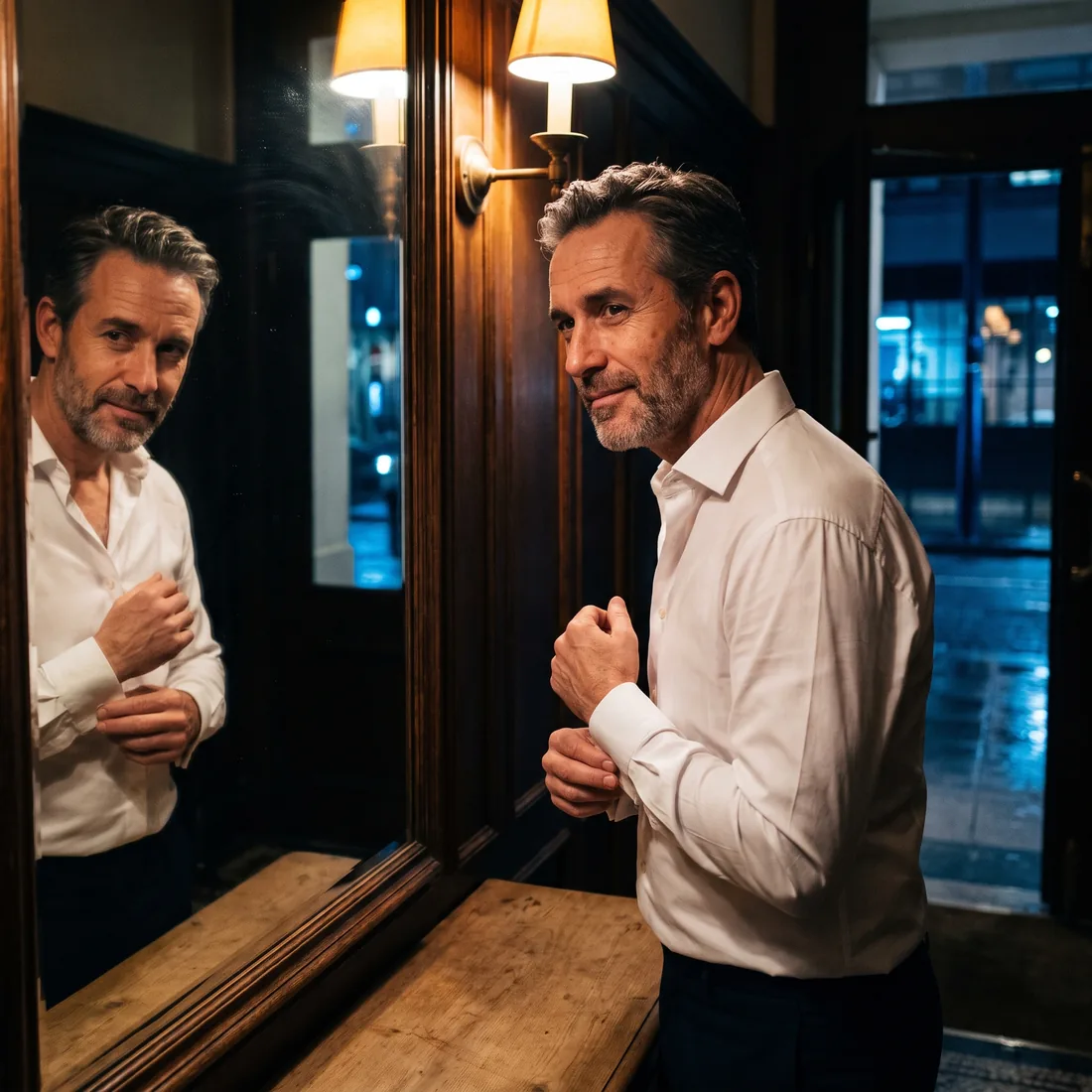 A man fastening his shirt cuff at a hallway mirror before going out