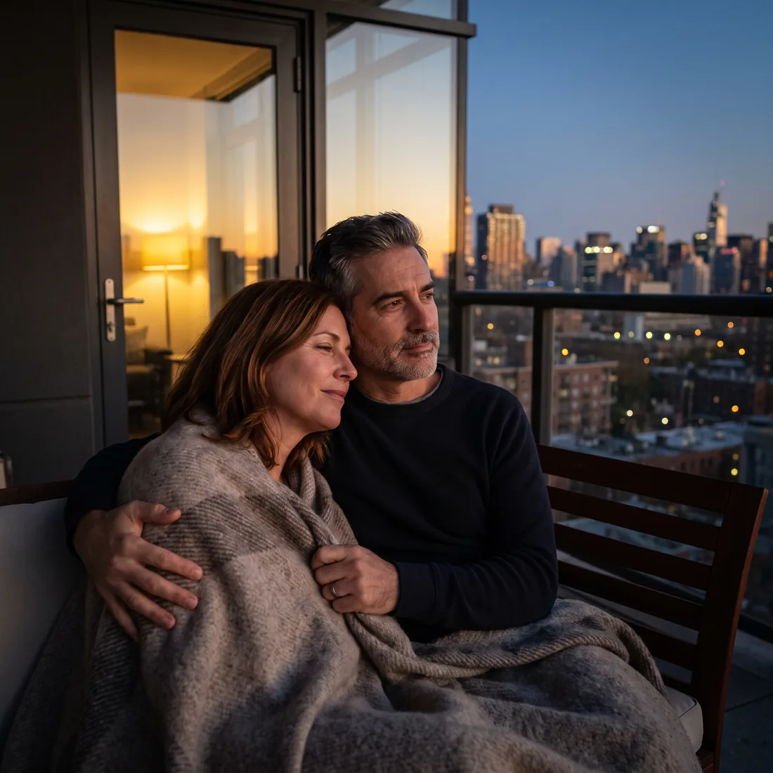 A couple wrapped in one blanket on a city terrace at dusk