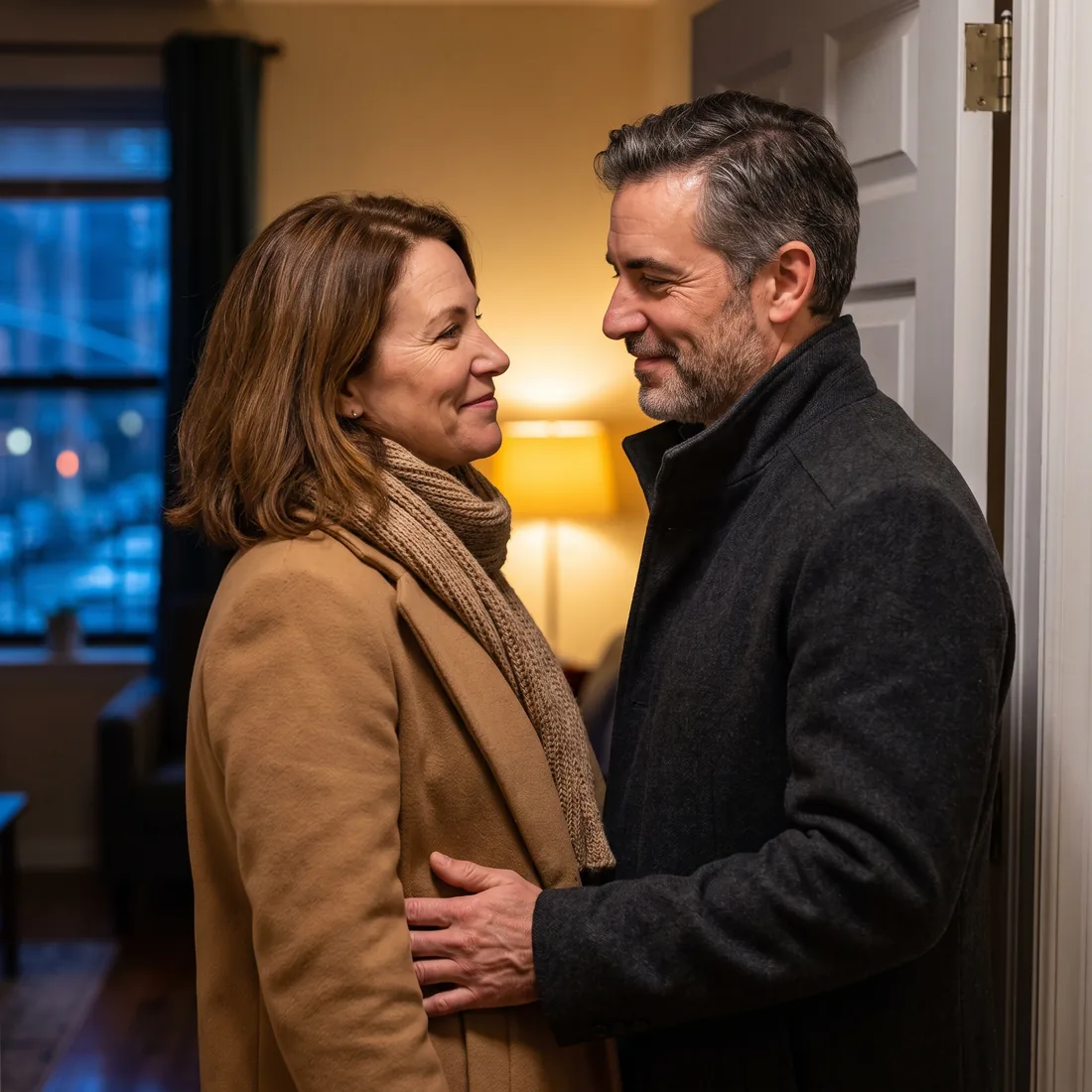 A couple just inside the front door at night, coats still on