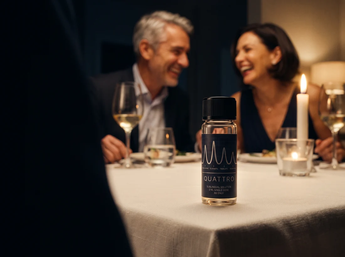 The Stag Quattro vial on a restaurant table, a couple laughing behind it