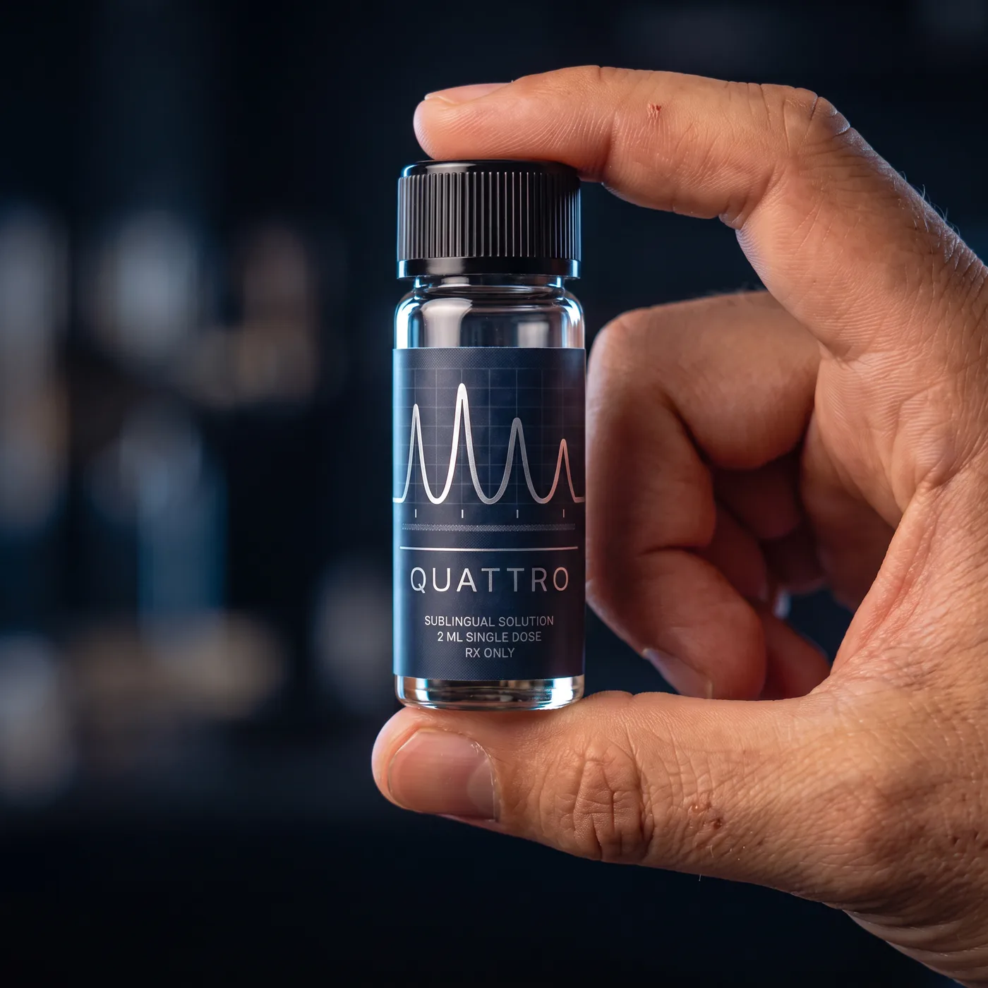 A hand holding the single-dose Stag Quattro vial between thumb and finger, showing its real size