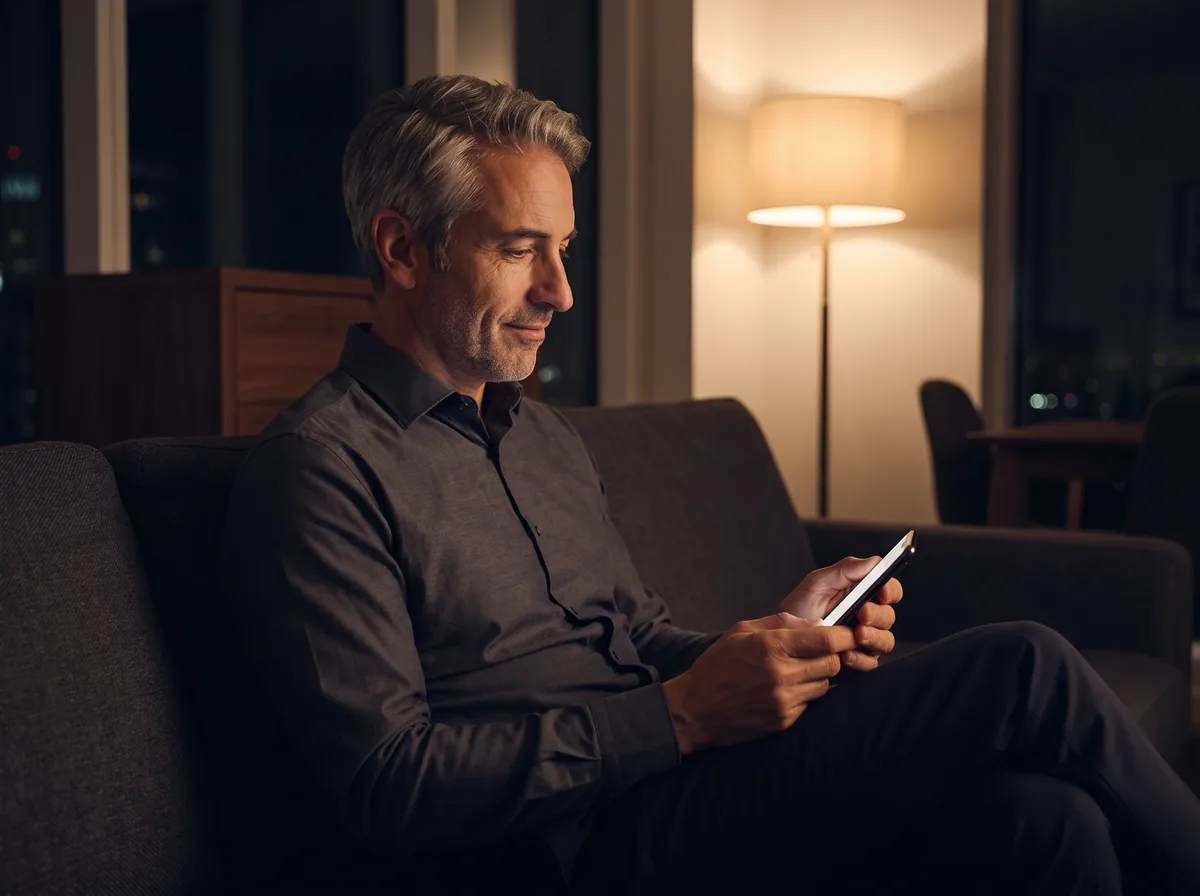 A man alone on a sofa at night, phone in hand, answering the intake form