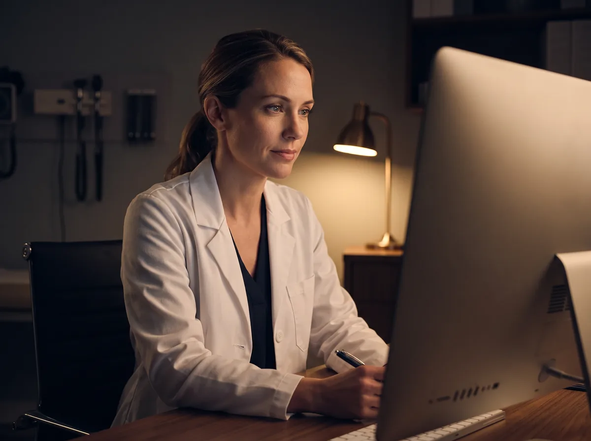 A US-licensed clinician reading a patient chart at a desk