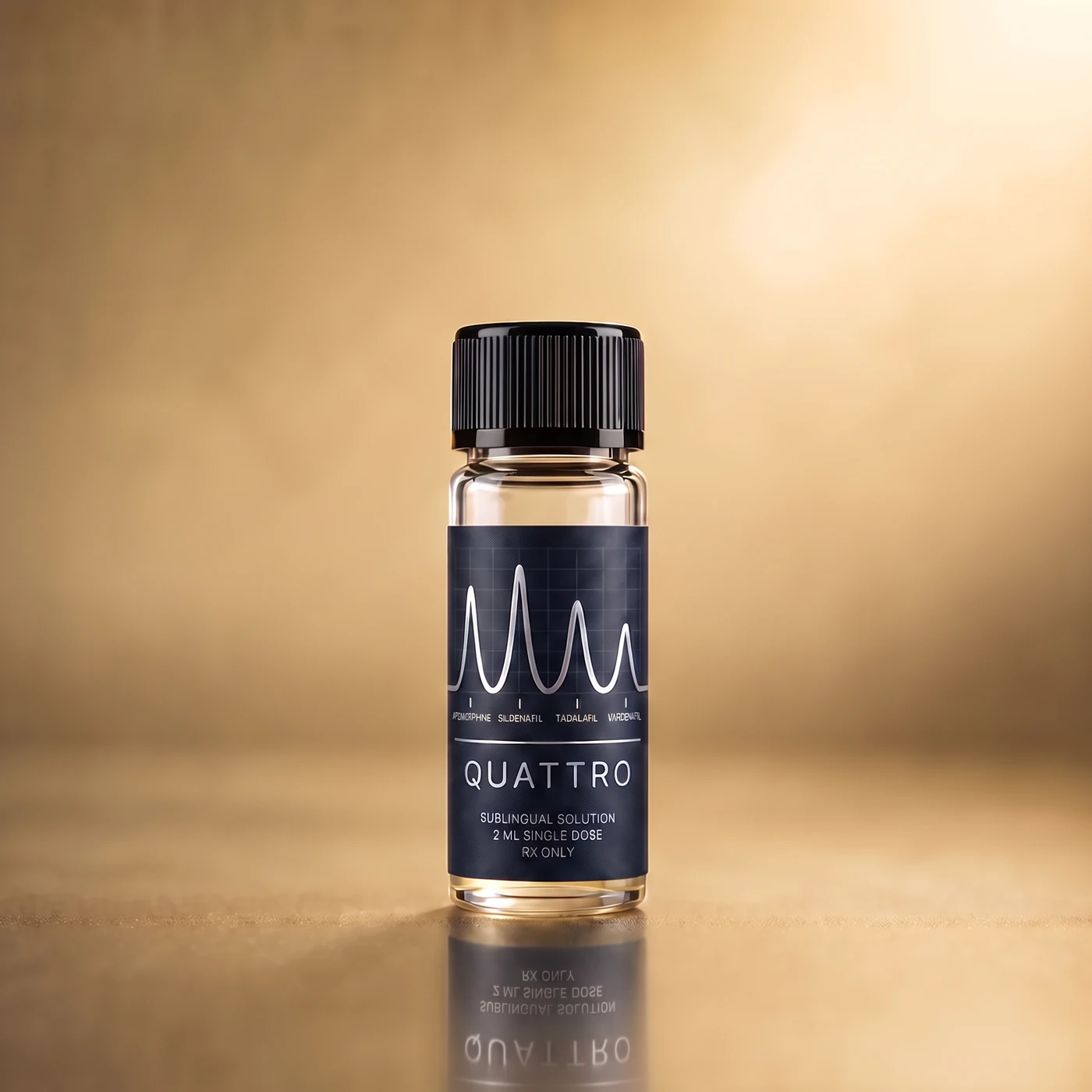 The Stag Quattro single-dose vial — studio packshot with the four-peak chromatogram label