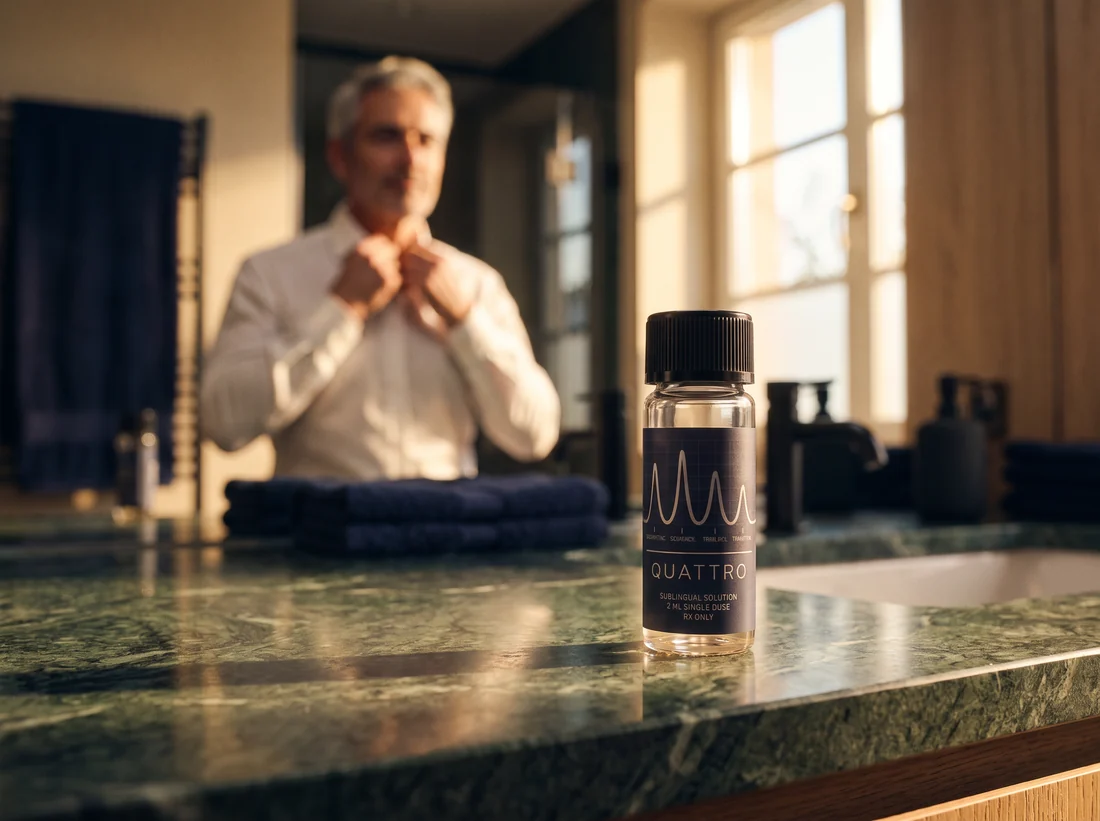 The Stag Quattro vial resting on a bathroom counter in soft morning light