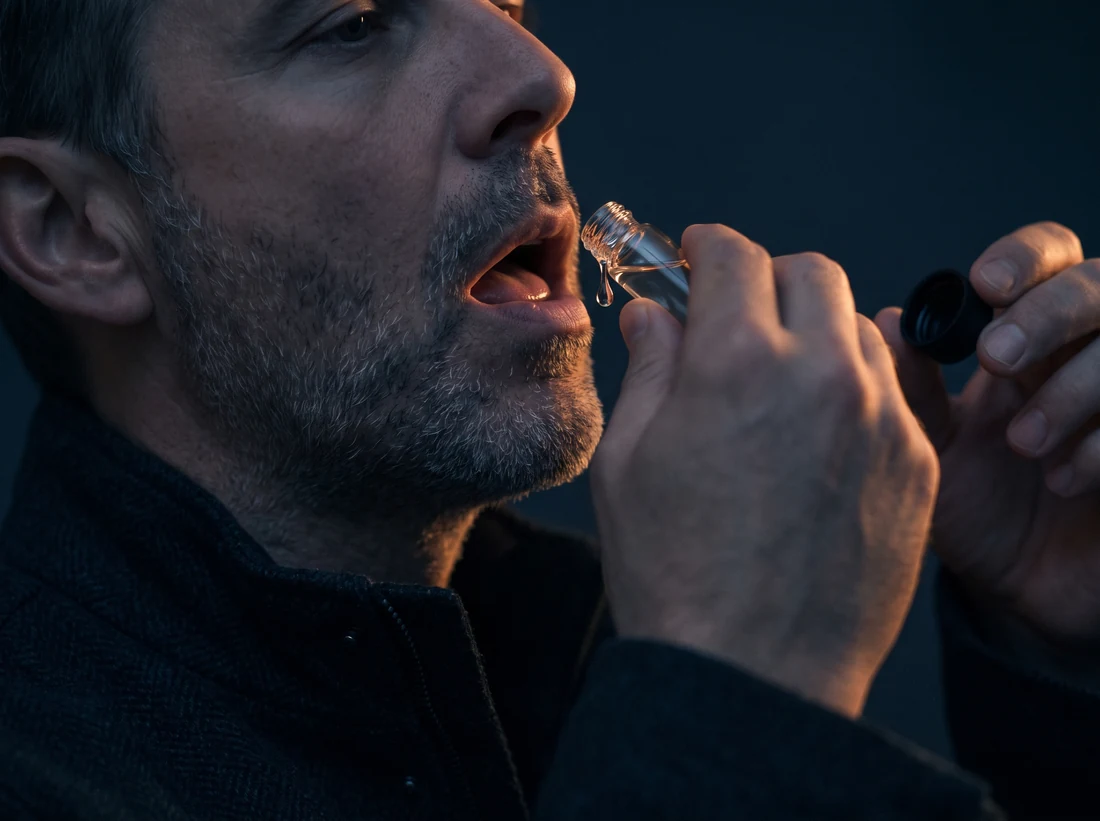 A man places the dose under his tongue
